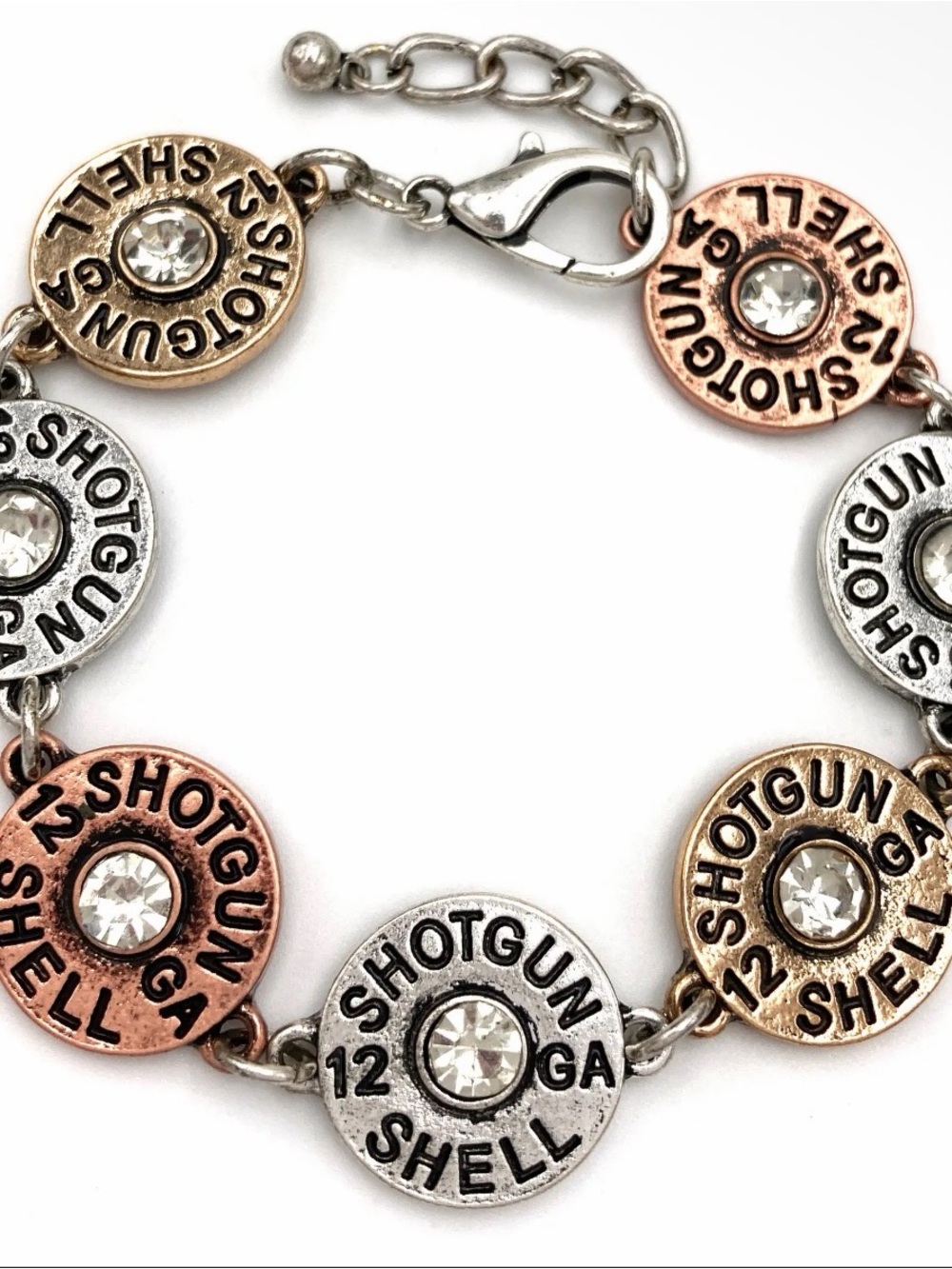 NWT Shotgun Bullet Shell Copper Silver Gold Chain Bracelet Rhinestone Accents